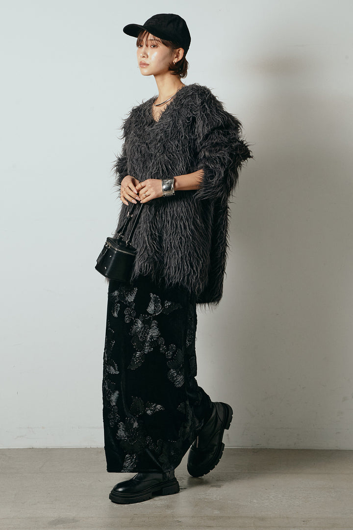 [SET]深Vネックシャギーニットトップス+フラワー刺繍ワイドスカート(2set)