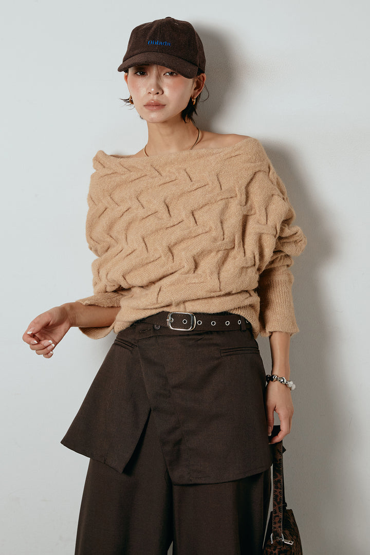 [SET]ボートネックニットトップス+ベルト付きウエストデザインパンツ(2set)