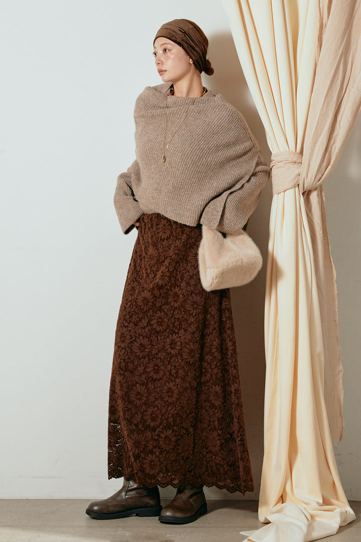 [SET]ケープデザインリブニットトップス+花柄刺繍ベロアフレアスカート(2set)