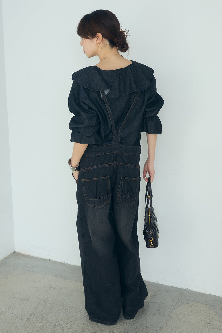 [SET]デニムフリルブラウス+デニムサロペットワイドパンツ(2set)
