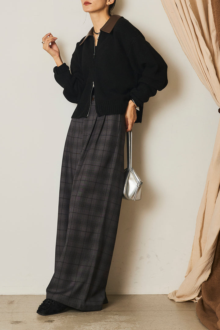 [SET]杢ストレッチフェイクレザー衿ニットブルゾン+タック入りタータンチェックワイドパンツ(2set)