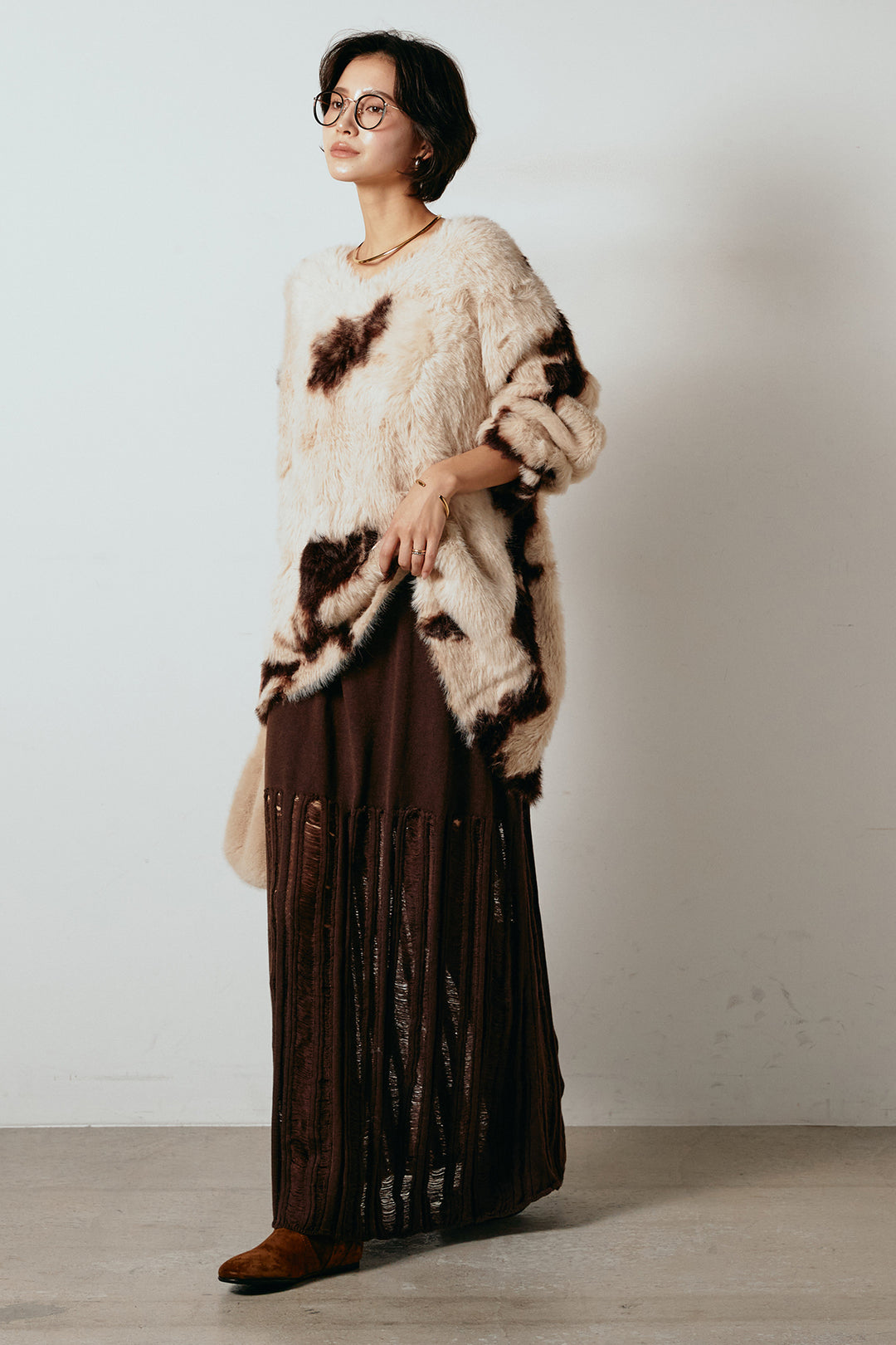 [SET]タイダイ柄シャギーニットトップス+裾シアーリブスカート(2set)