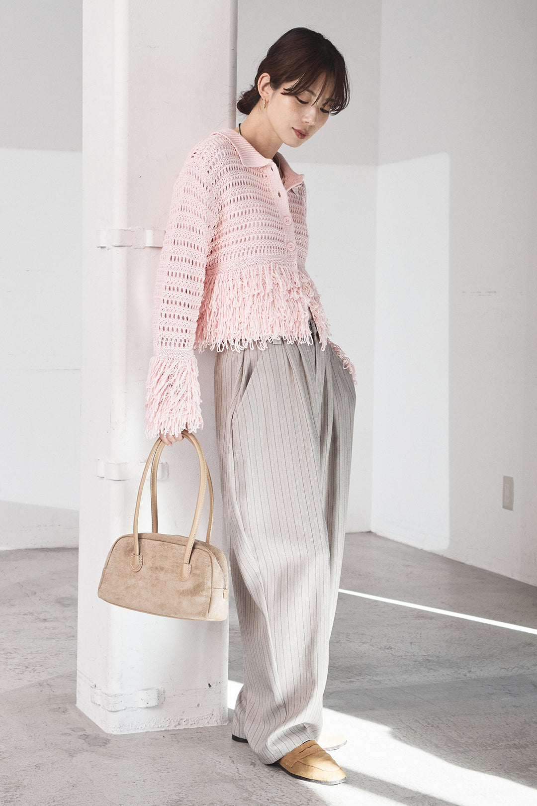 [SET]メッシュフリンジカーディガン+ヘリンボーンストライプツータックパンツ(2set)