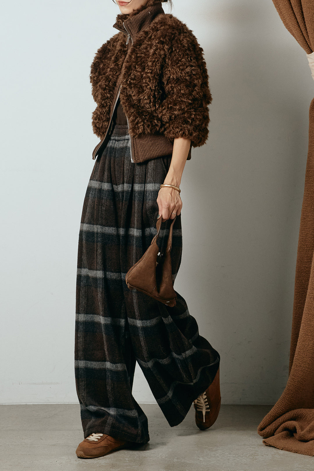 [SET]ハイネックショート丈ボアジップブルゾン+起毛タータンチェック柄ワイドパンツ(2set)