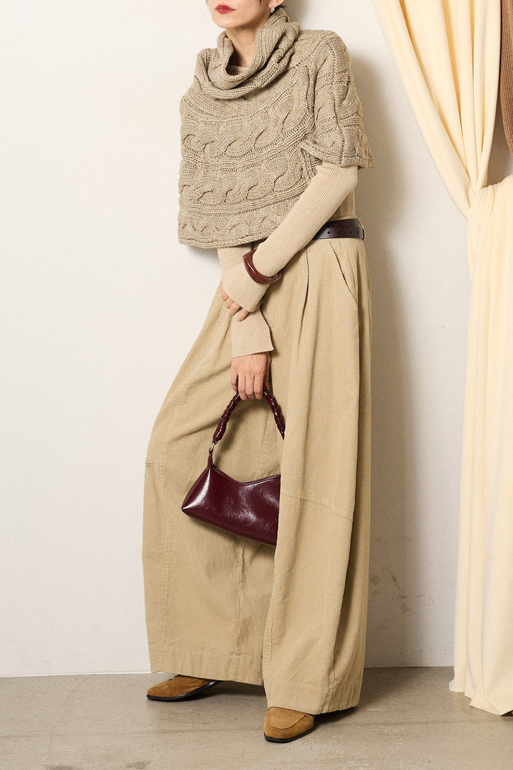 [SET]ケーブル編みケープレイヤードニット+タック入りコーデュロイワイドパンツ(2set)