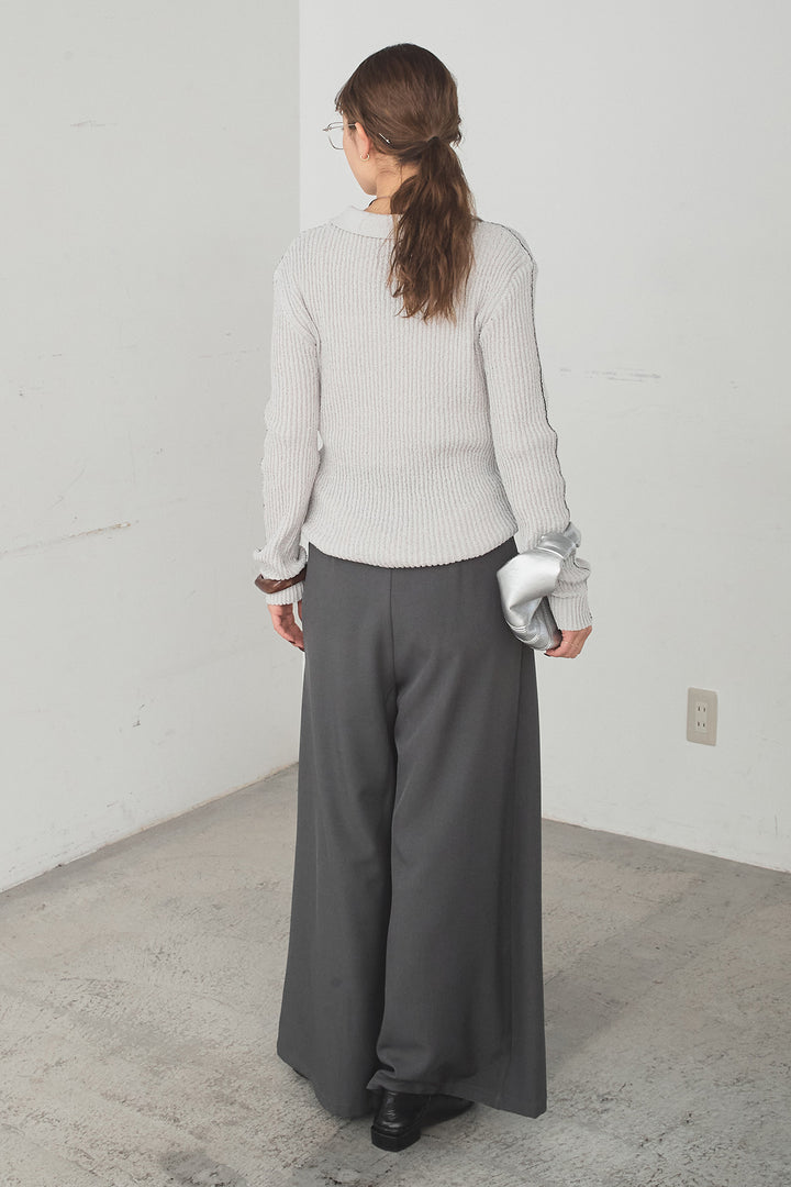 [SET]衿付きニットプルオーバー+ベルト付きツータックワイドパンツ(2set)