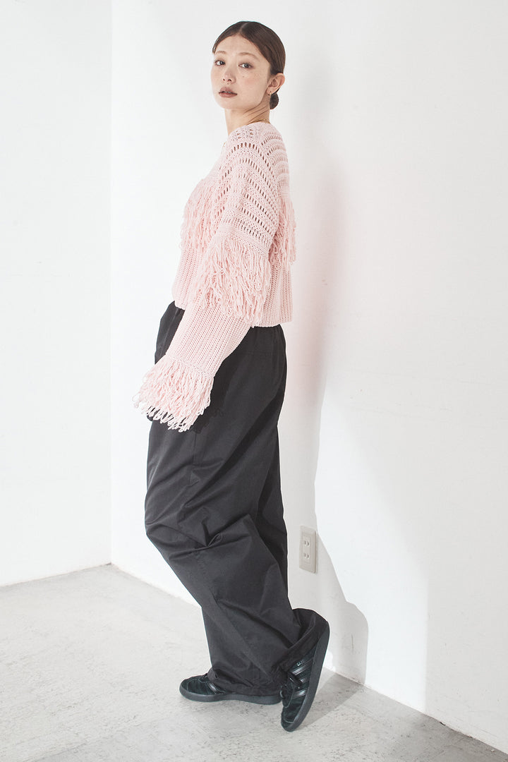 [SET]メッシュフリンジ切り替えプルオーバー+合繊ツイルスタンドウエスト巻きジョガーパンツ(2set)
