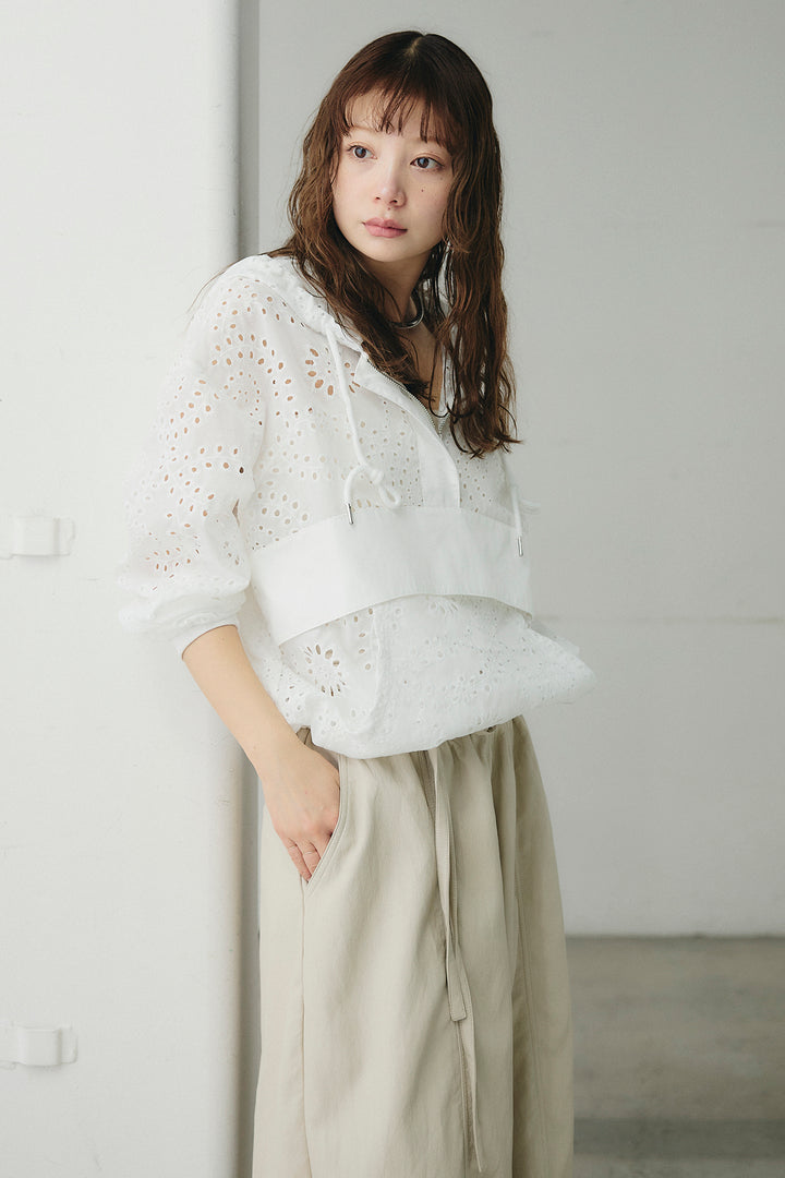 [SET]レースハーフジップアップフーディー+フェイクレザーカーブワイドパンツ(2set)