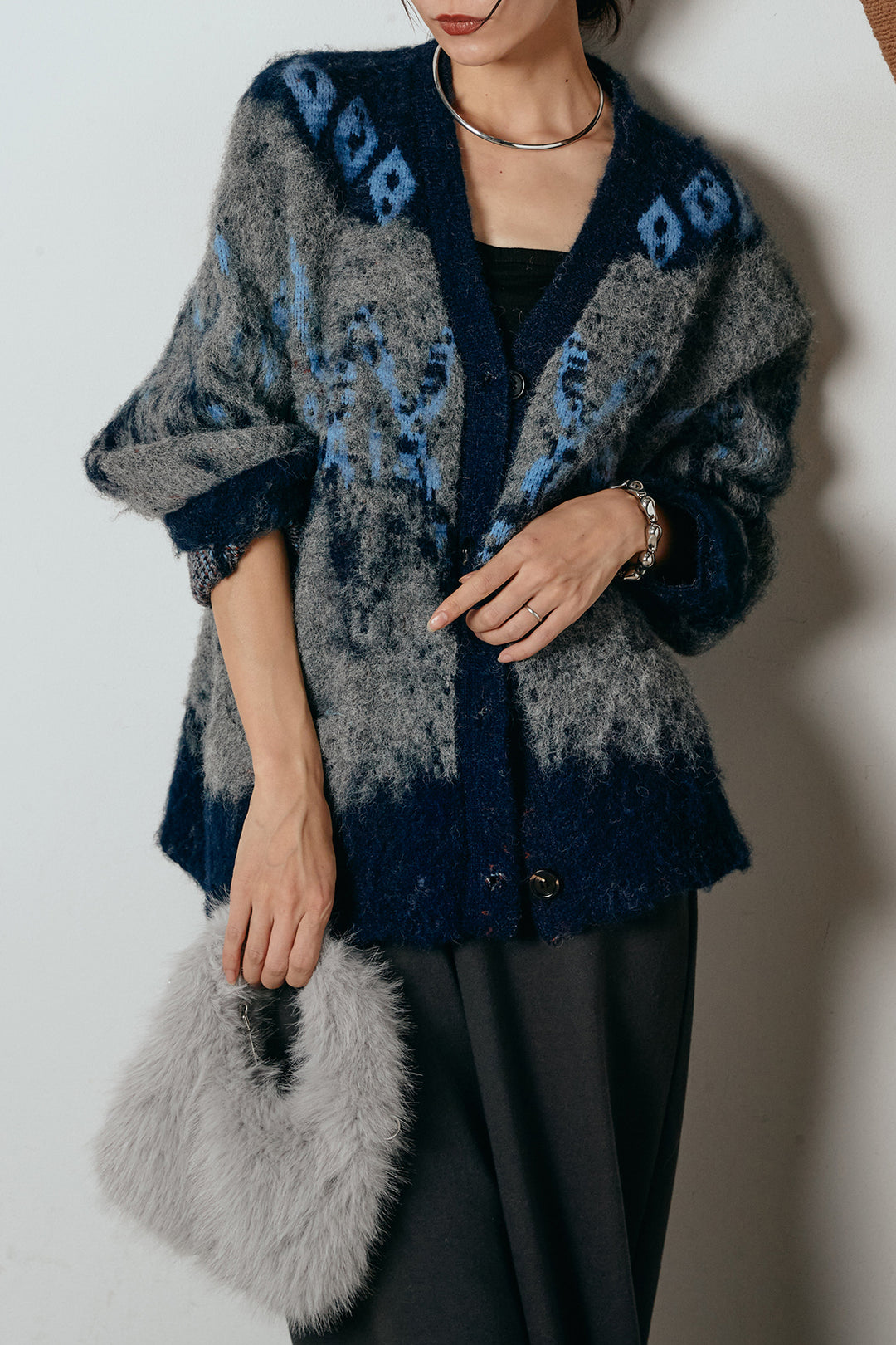 [SET]シャギーニュアンス柄ニットカーディガン+裏起毛スウェットワイドパンツ(2set)