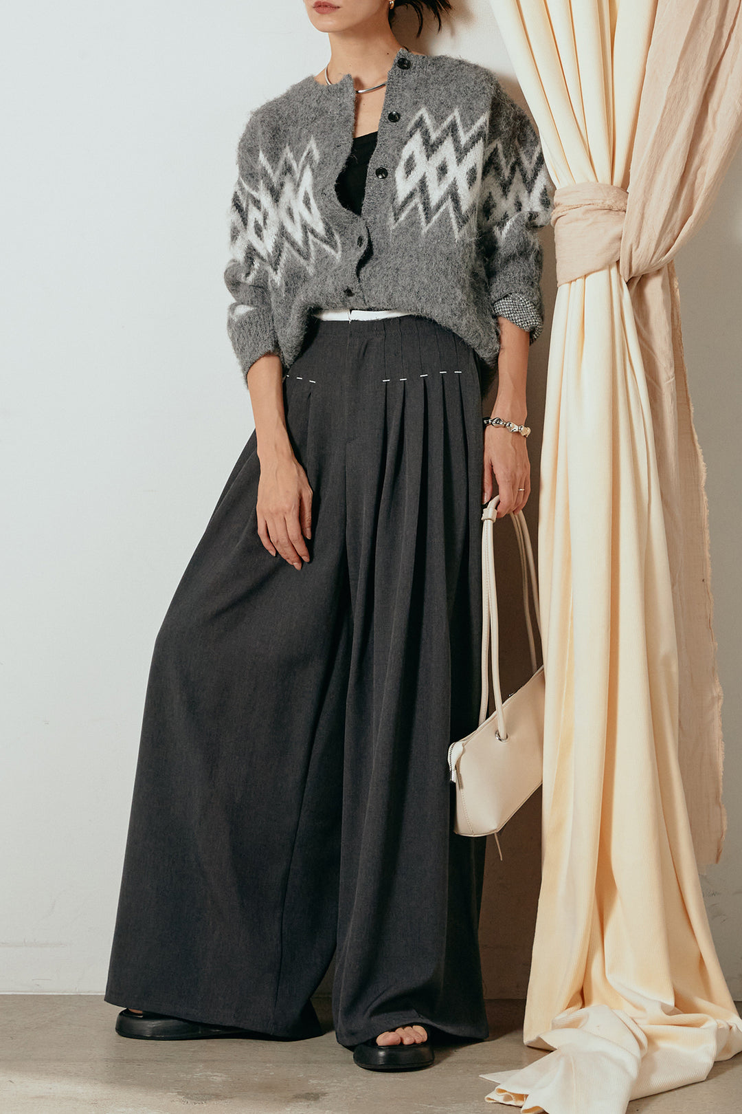 [SET]起毛ノルディック柄ニットカーディガン+ウエストステッチデザインワイドスラックス(2set)