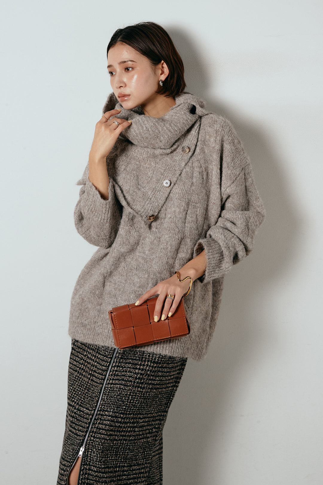 [SET]ケープデザインケーブルニットトップス+グレンチェック柄フロントジップタイトスカート(2set)