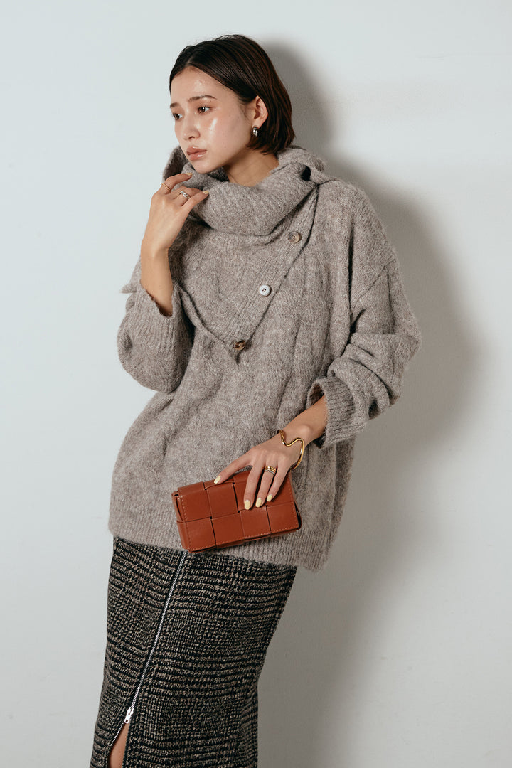 [SET]ケープデザインケーブルニットトップス+グレンチェック柄フロントジップタイトスカート(2set)