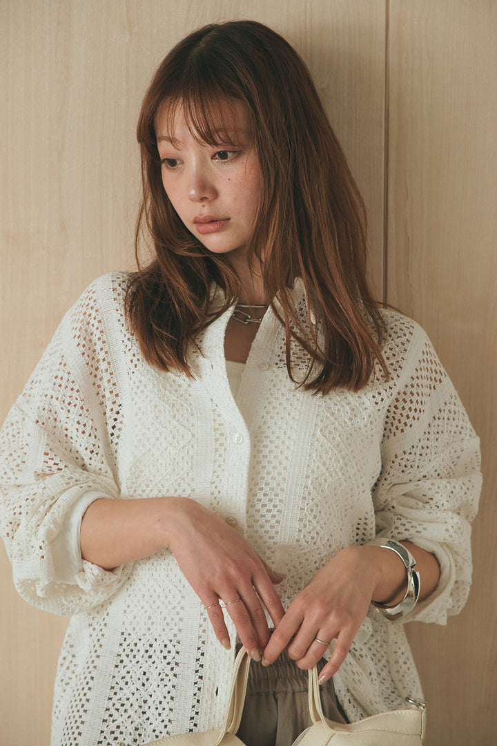 [SET]長袖襟付きレースシャツ+ポケットタックフォルムパンツ(2set)