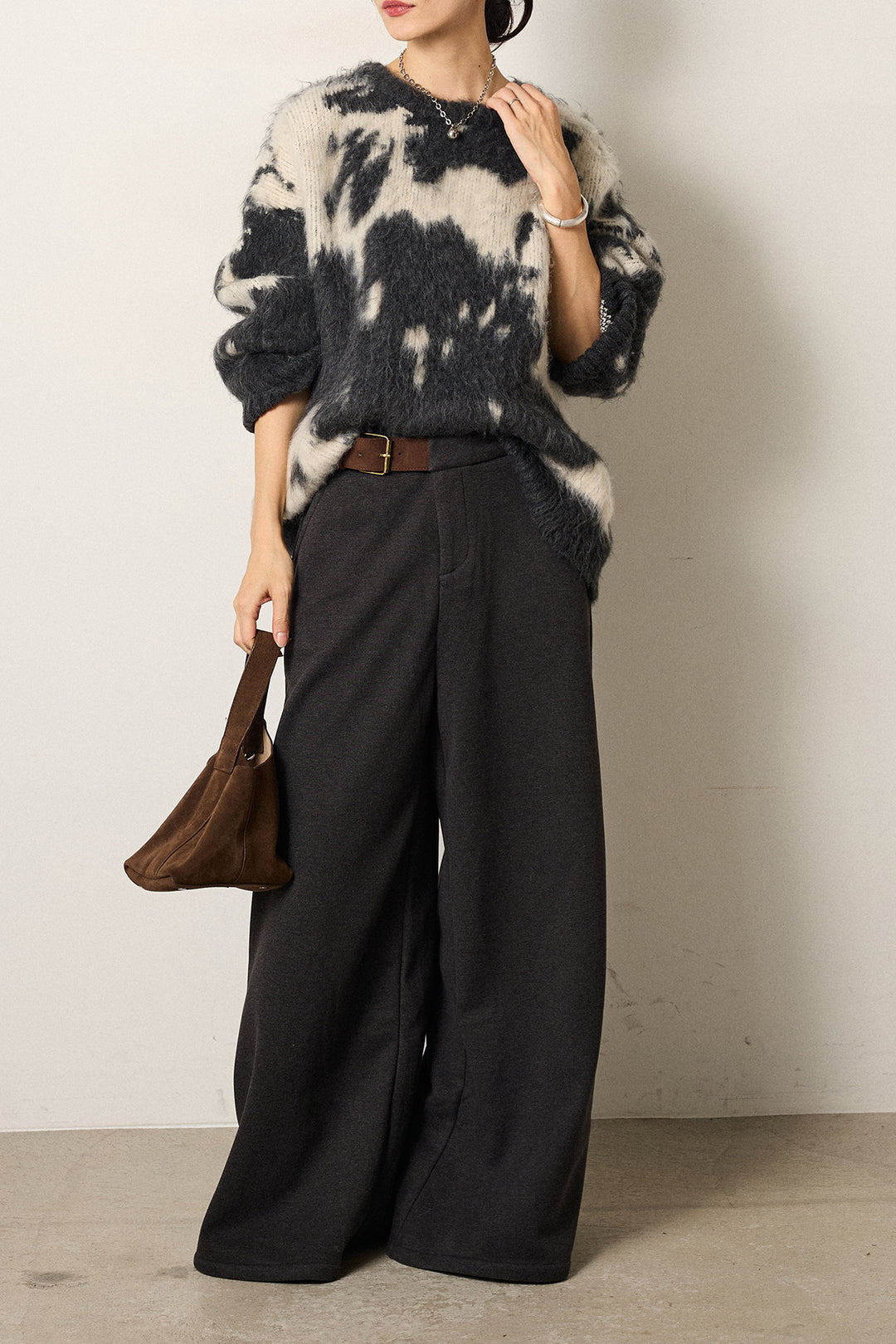 [SET]モヘアタッチマーブルニット+サイドベルトパンツ(2set)