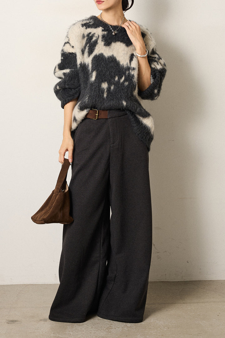 [SET]モヘアタッチマーブルニット+サイドベルトパンツ(2set)