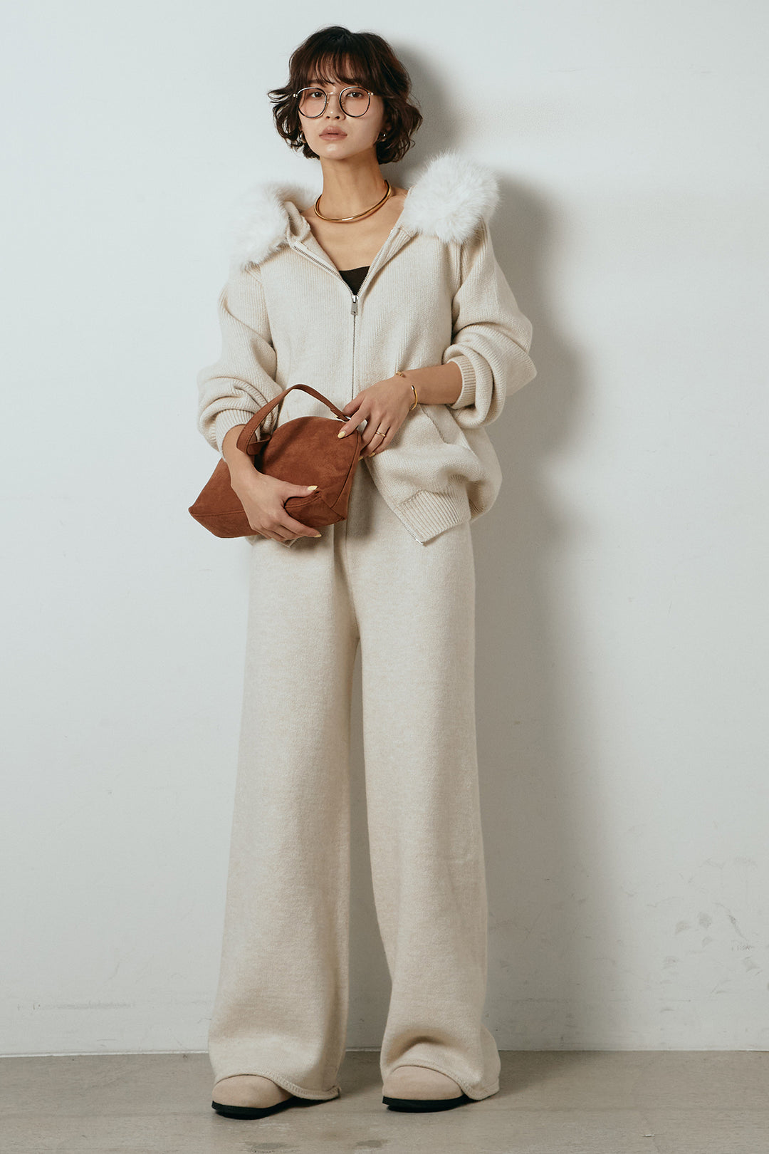 【着回しセット】[SET]ファー付きフーディーニットSETUP+ビッグカラーダブルジップニットSETUP(2set)