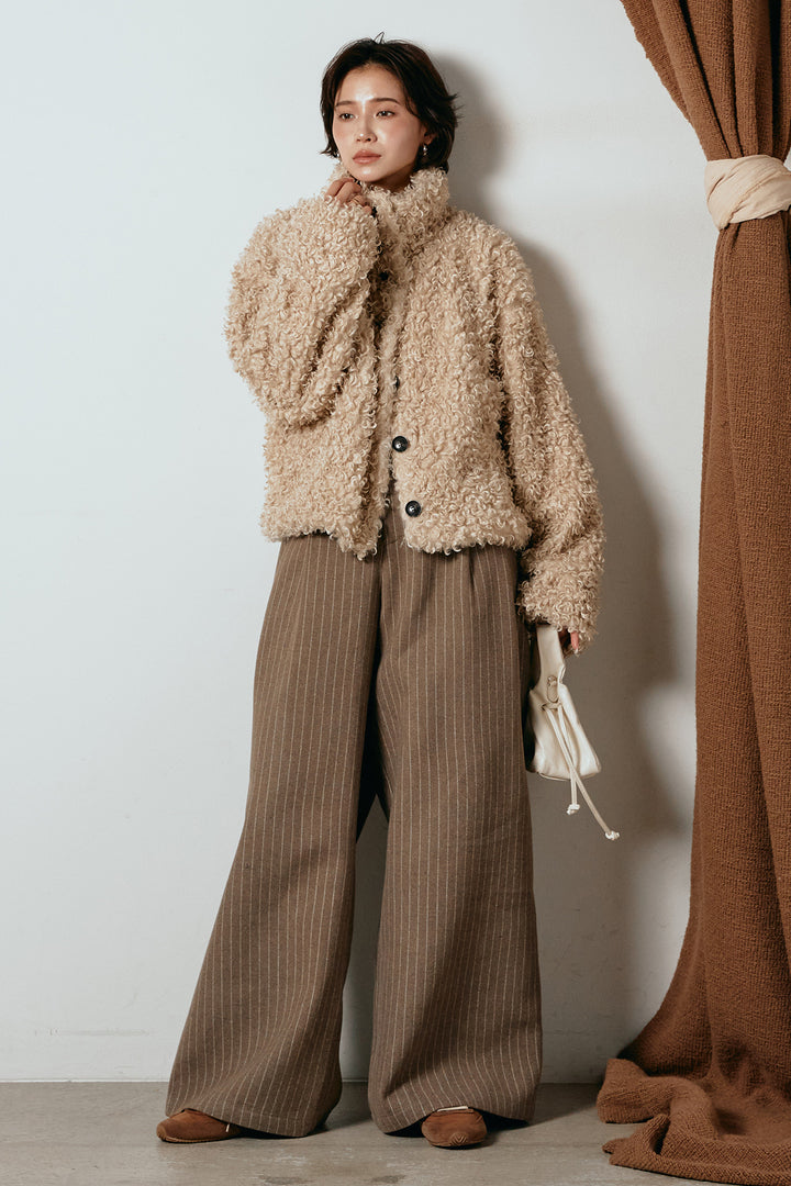 [SET]プードルファーミドルジャケット+ウールライクストライプパンツ(2set)