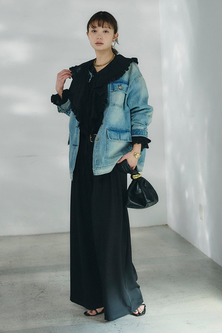 [SET]ノーカラーデニムポケットジャケット+コットンフリルブラウス+ベルト付きタックデザインハイウエストロングパンツ(3set)