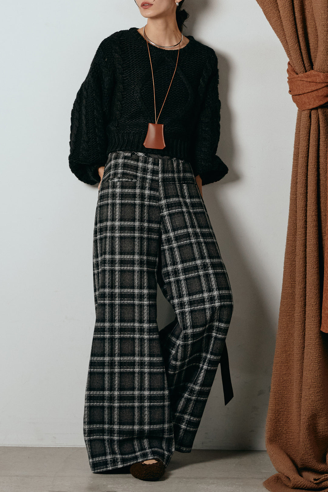 [SET]ロービングケーブルショート丈プルオーバー+ルーズタータンチェックワイドパンツ(2set)