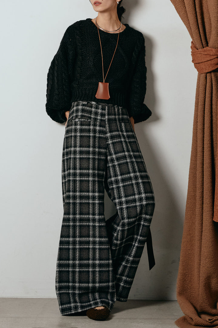 [SET]ロービングケーブルショート丈プルオーバー+ルーズタータンチェックワイドパンツ(2set)