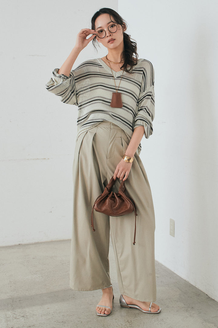 [SET]綿タッチVネックボーダートップス+ウォッシャブルエコレザータックパンツ(2set)