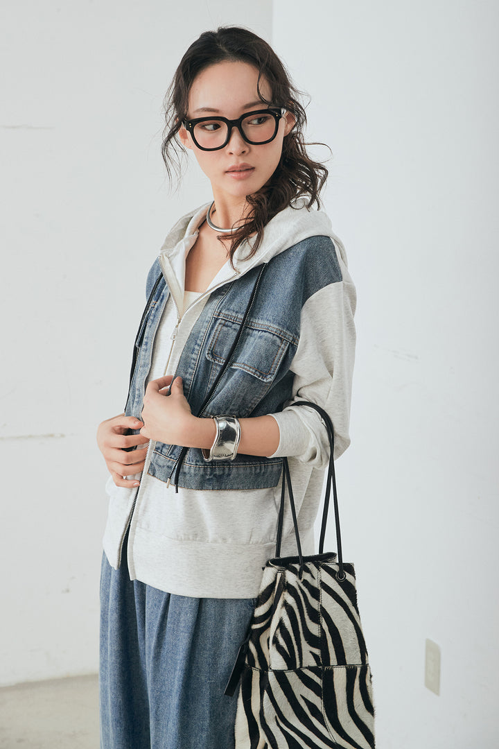 [SET]デニム切替ポンチダブルジップパーカー+テンセルデニムイージーワイドパンツ(2set)