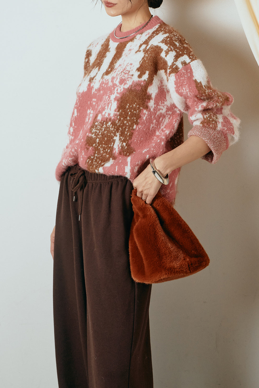 [SET]起毛ニュアンス柄ニットプルオーバー+裏起毛スウェットワイドパンツ(2set)