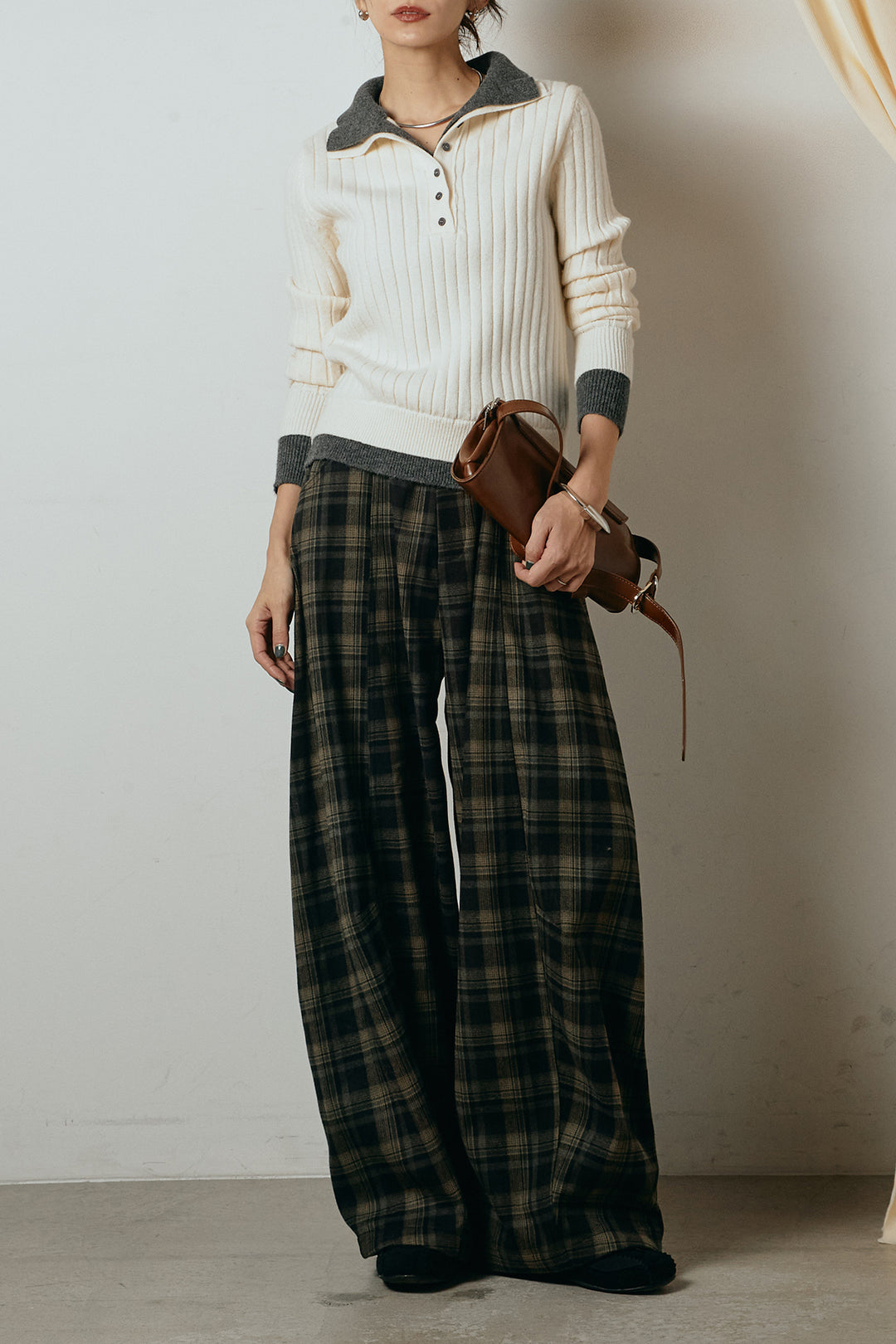 [SET]レイヤード風リブニットトップス+ベルト付きタータンチェックカーブワイドパンツ(2set)