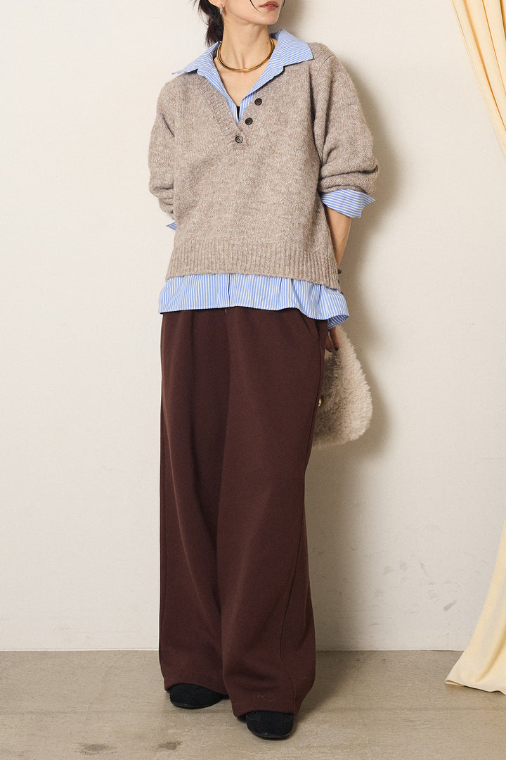 [SET]ストライプシャツドッキングニットポロトップス+裏起毛スウェットワイドパンツ(2set)