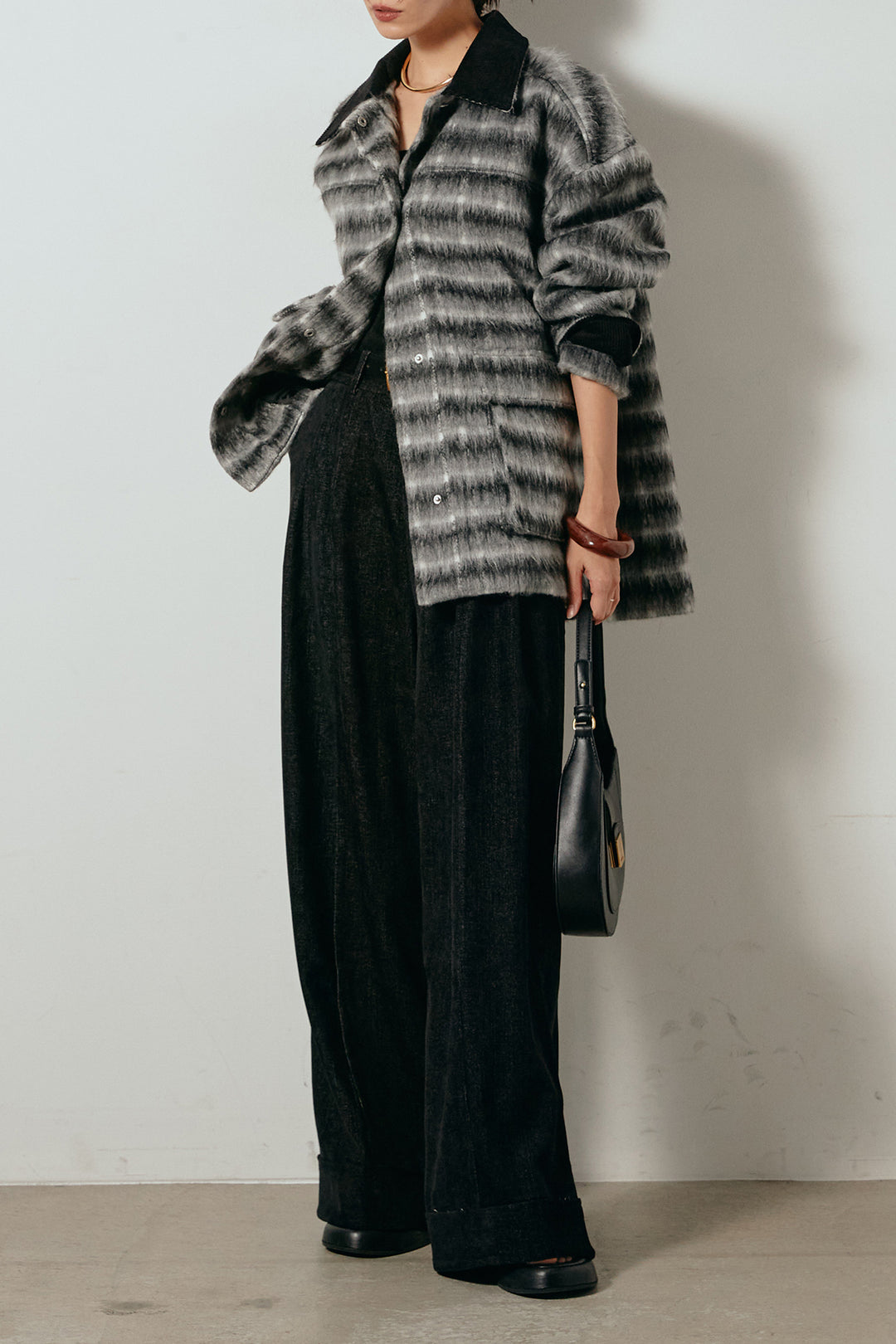 [SET]チェックシャギーミドルカバーオール+フェイクレザーベルト付きスウェードライクワイドパンツ(2set)