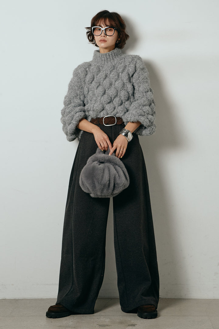 [SET]ボリュームポップコーンニットトップス+編みベルト付きワイドパンツ(2set)