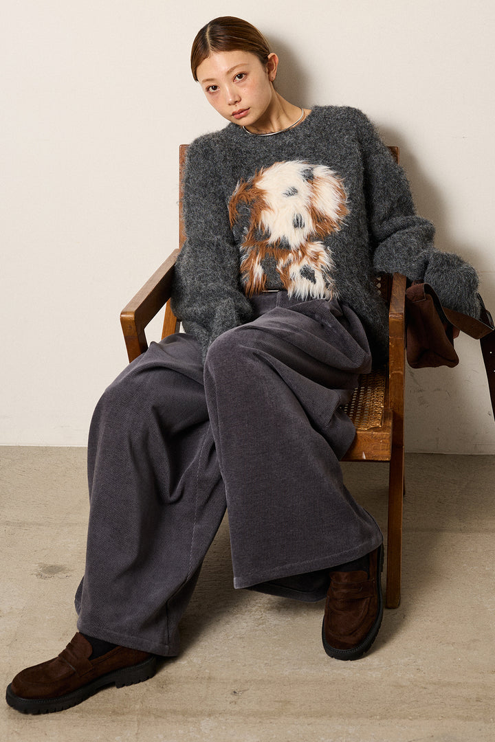[SET]シャギーニュアンスアニマルニット+ベルトループコーデュロイワイドパンツ(2set)