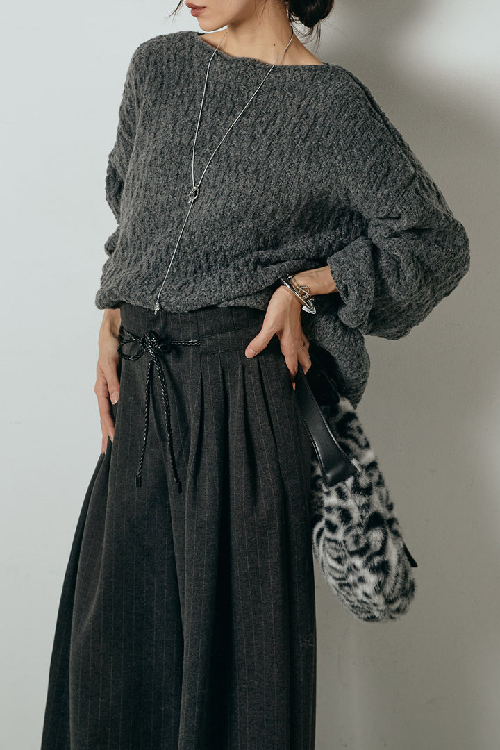 [SET]ボリューム編みニットプルオーバー+編みベルト付きピンストライプワイドパンツ(2set)