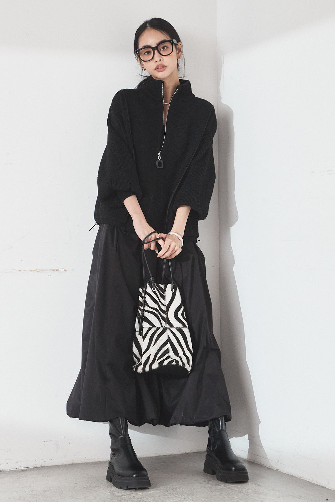 [SET]ハイネックパイピングデザインブルゾン+ランダムタックバルーンスカート(2set)