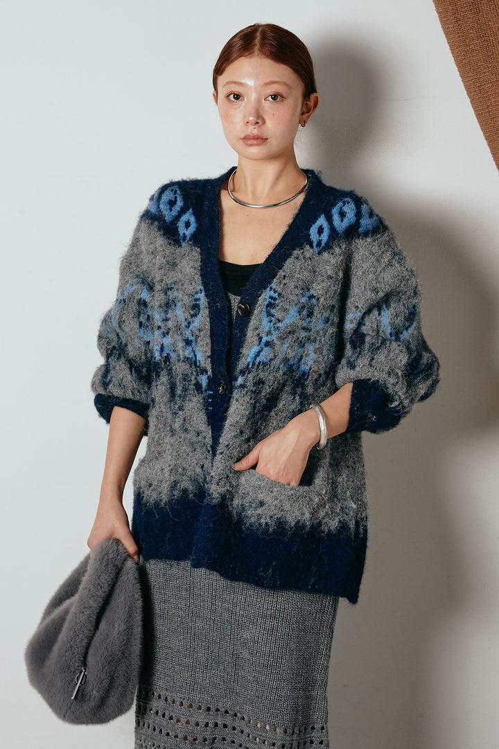 [SET]シャギーニュアンス柄ニットカーディガン+裾透かし編みキャミソールニットワンピース(2set)