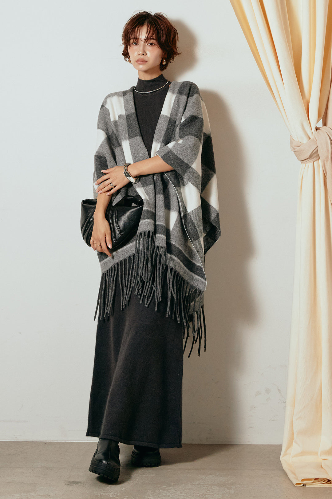 [SET]裾フリンジ柄ポンチョアウター+ノースリーブニットロングワンピース(2set)