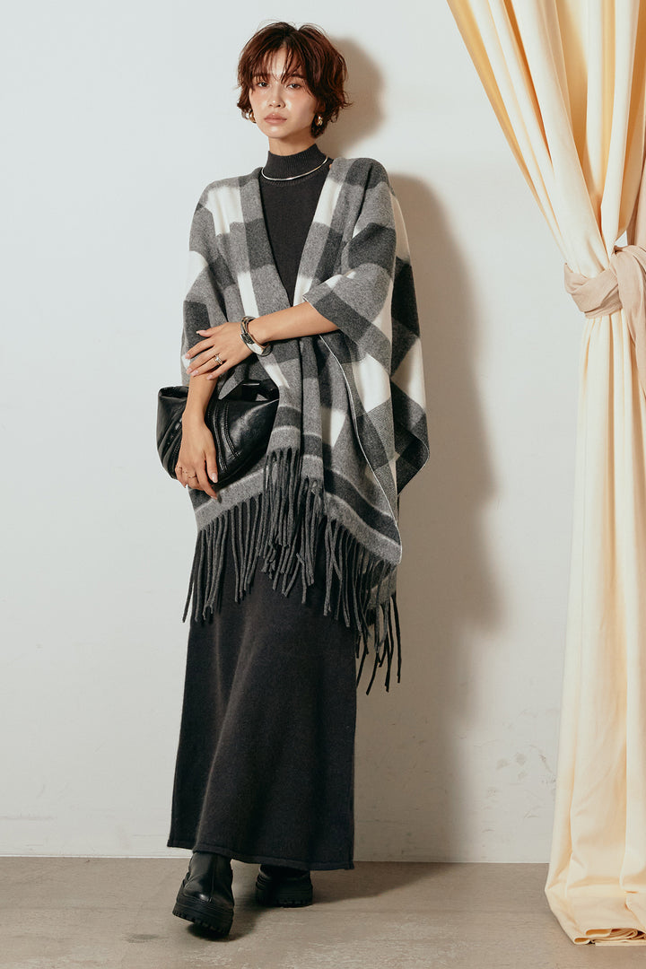 [SET]裾フリンジ柄ポンチョアウター+ノースリーブニットロングワンピース(2set)