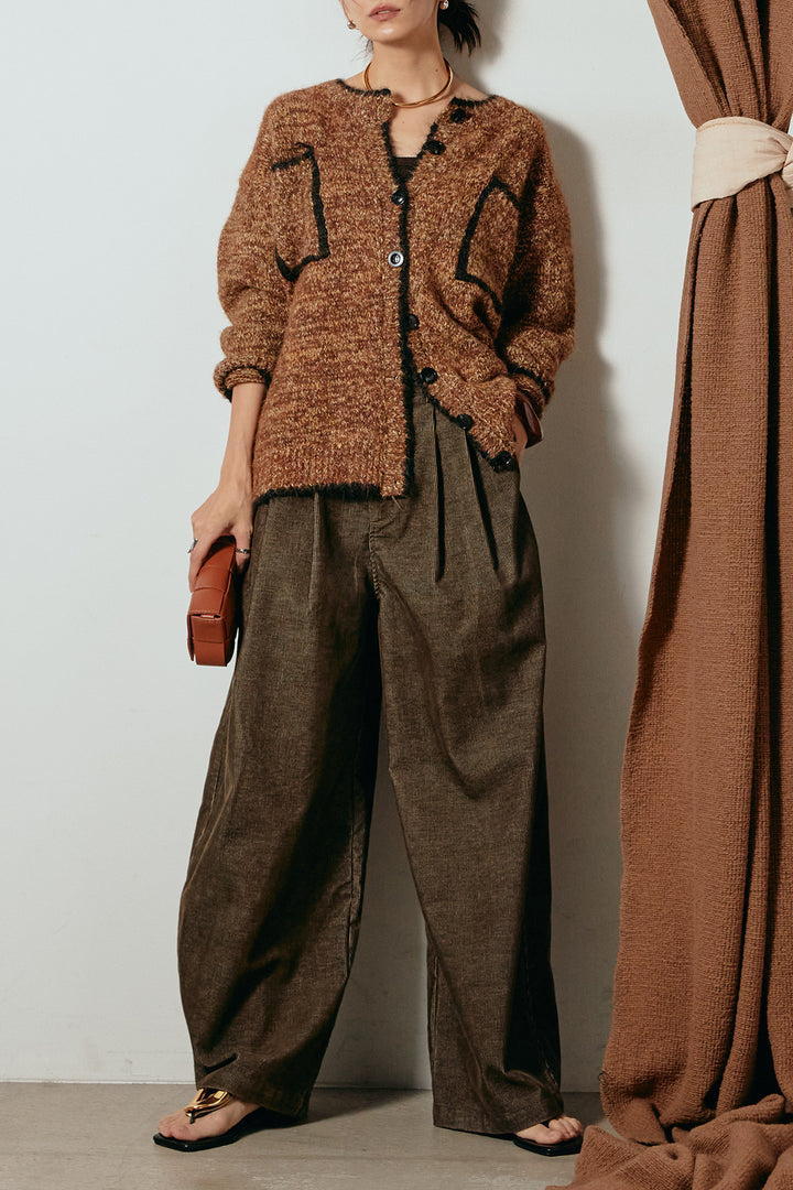 [SET]ミックスニットポケットカーディガン+フロントタック入りコーデュロイパンツ(2set)