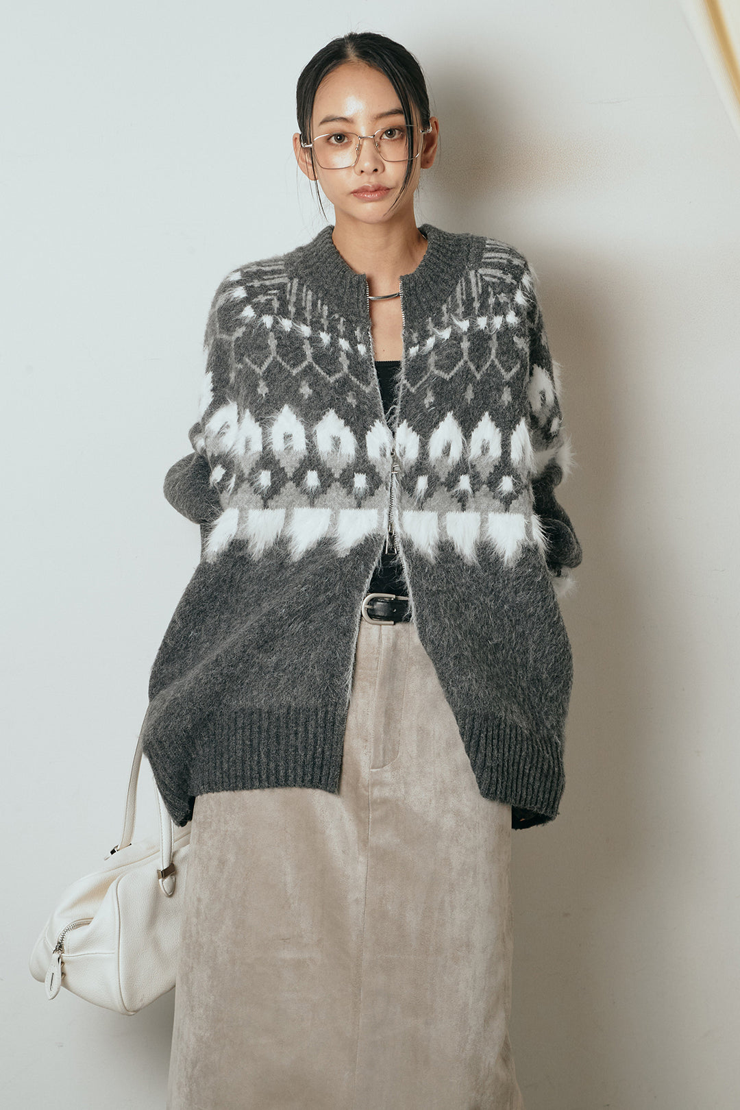 [SET]起毛ダブルジップパターンニットカーディガン+エコスウェードワイドスカート(2set)