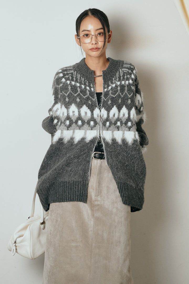 [SET]起毛ダブルジップパターンニットカーディガン+エコスウェードワイドスカート(2set)