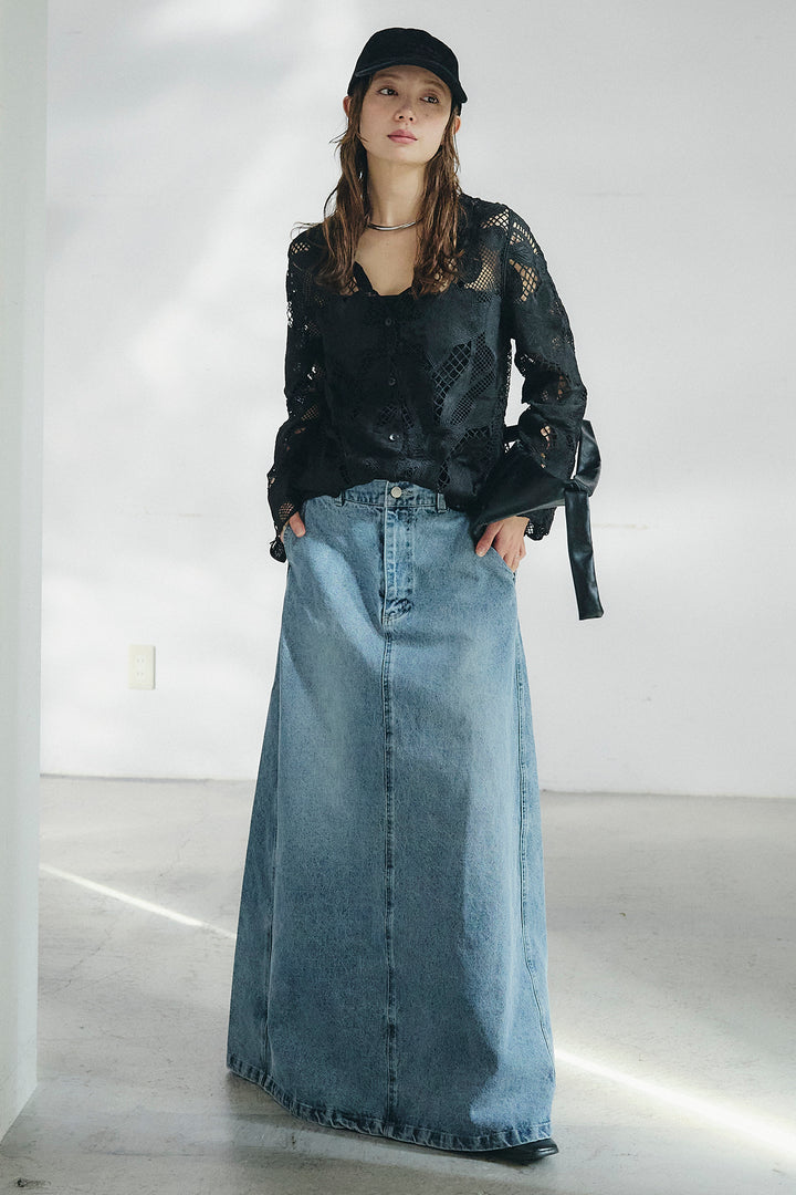 [SET]フラワー刺繍レースブラウス+デニムロングフレアスカート(2set)