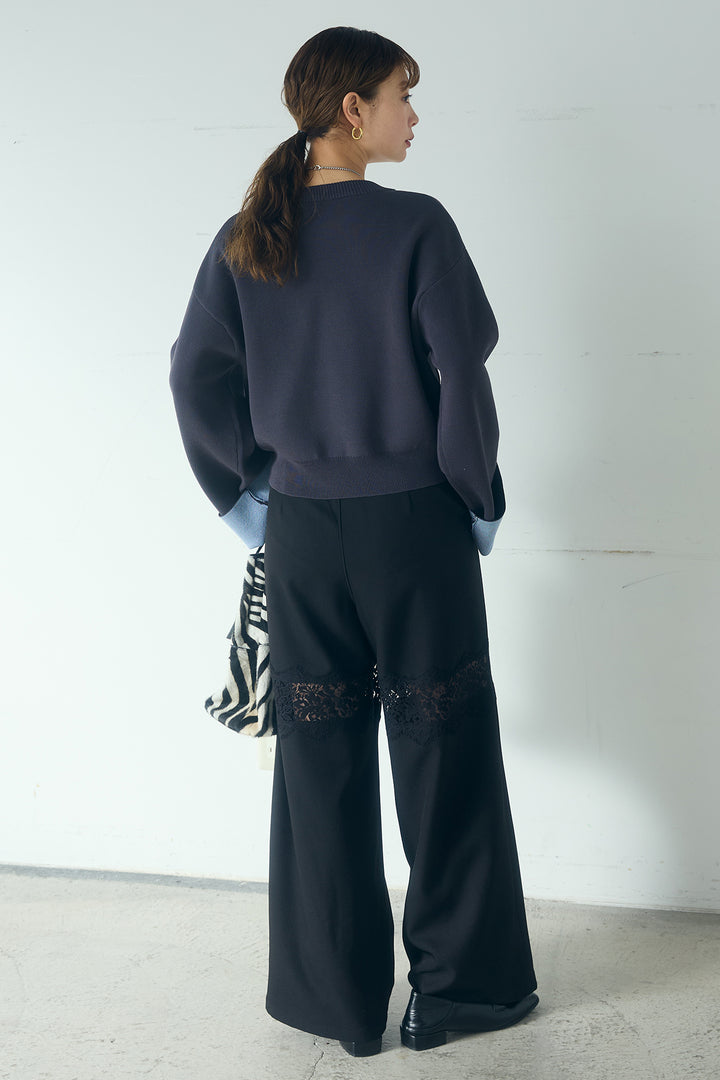 [SET]レーヨンポリダブルフェイスカーディガン+レース刺繍切替ワイドパンツ(2set)
