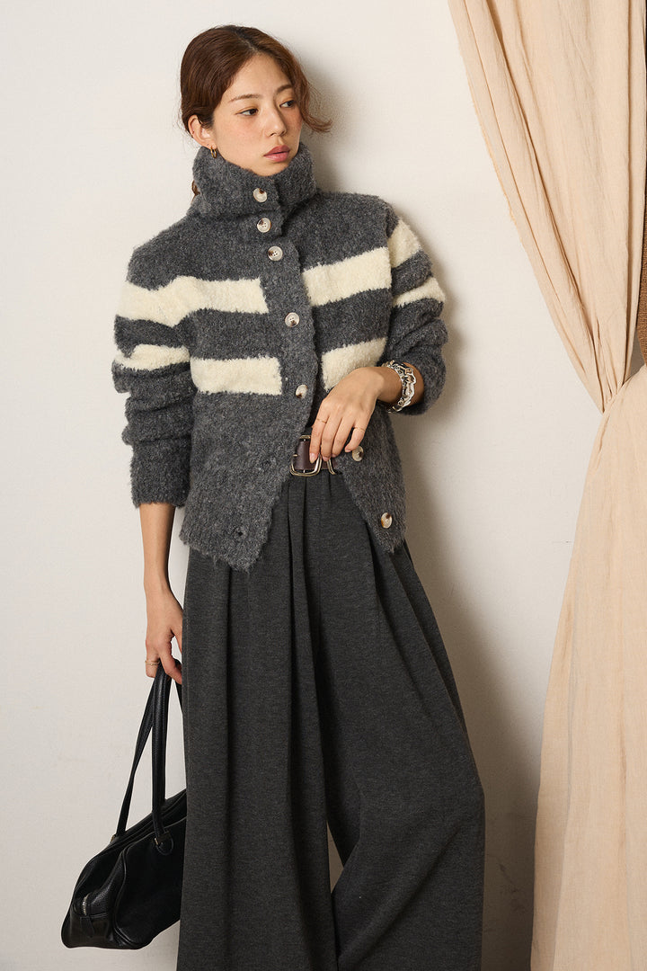 [SET]ハイネックボーダーニットカーディガン+フェイクレザー太ベルト付きタックワイドパンツ(2set)