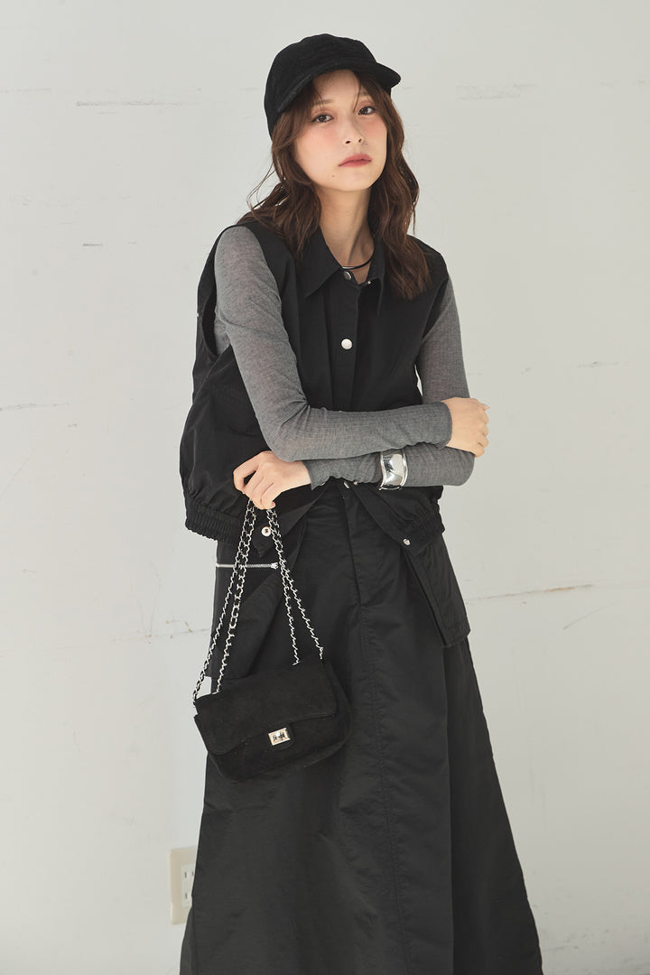 [SET]襟付きナイロンベスト+サイドデザインナイロンスカート(2set)