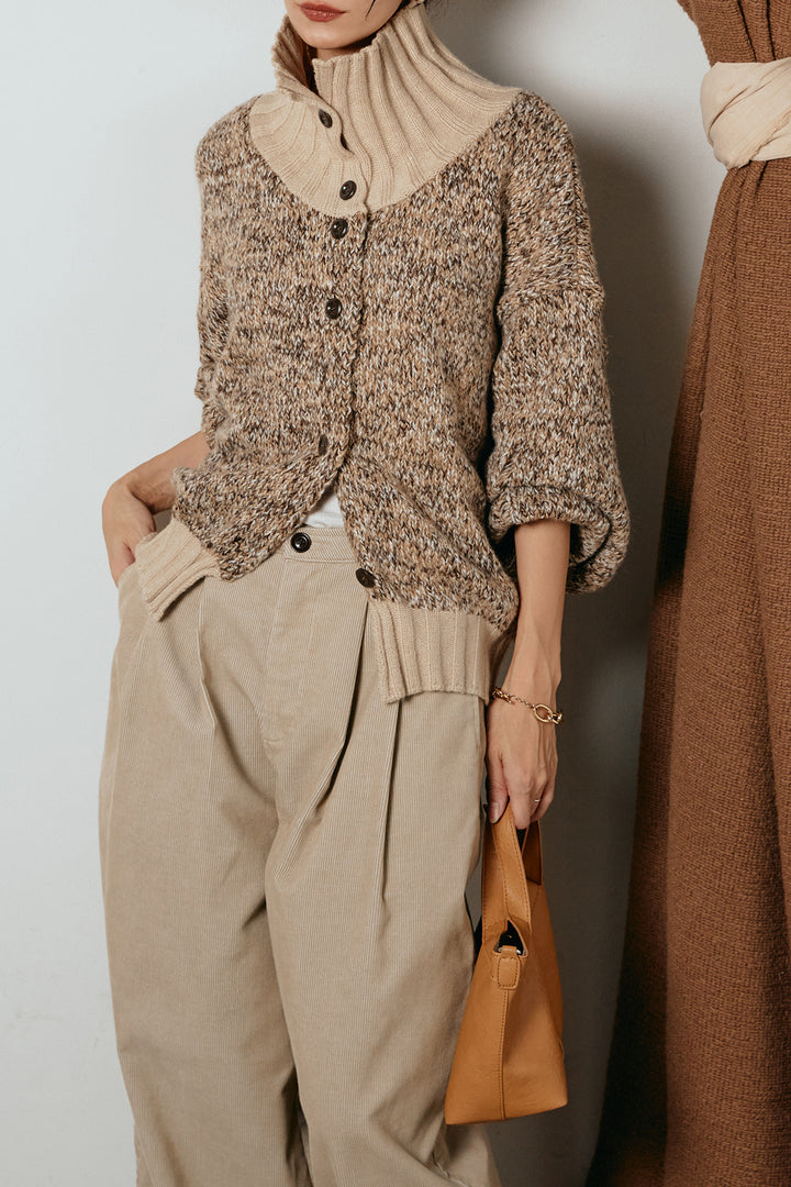 [SET]ハイネックミックスニットカーディガン+フロントタック入りコーデュロイパンツ(2set)