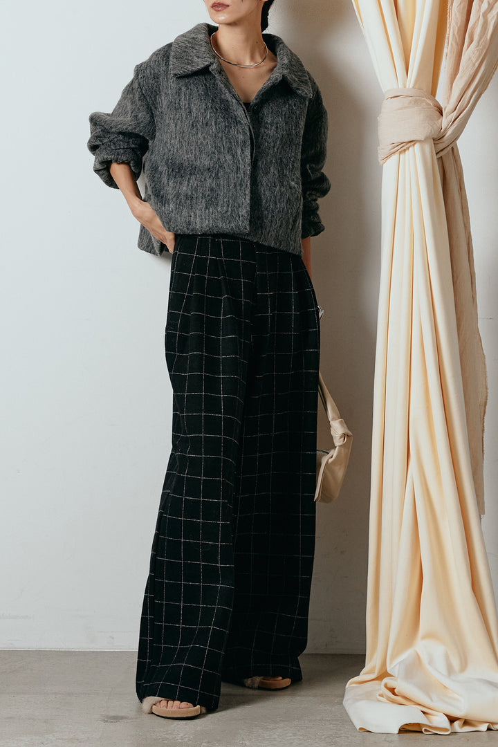 [SET]シャギーショートジャケット+スクエアチェック柄ワイドパンツ(2set)
