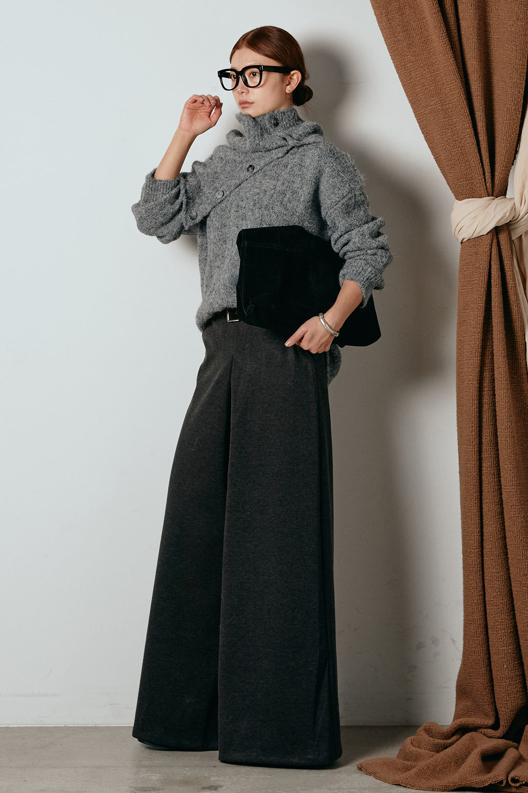 [SET]ケープデザインケーブルニットトップス+ベルト付きフロントタックデザインパンツ(2set)