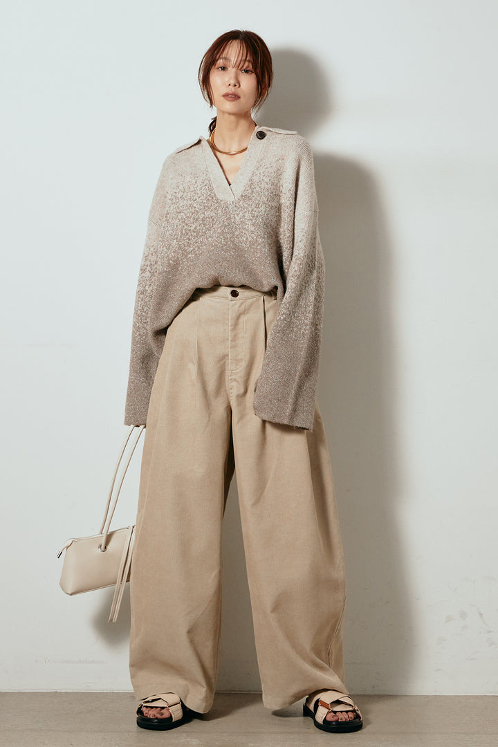 [SET]グラデーションラメニットキーネックプルオーバー+フロントタック入りコーデュロイパンツ(2set)