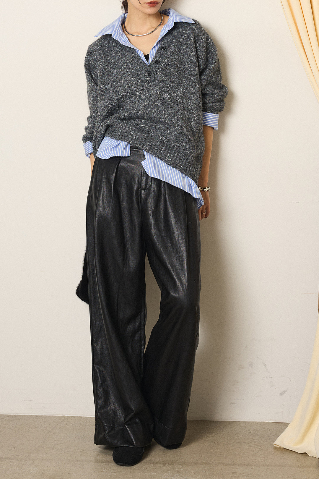 [SET]ストライプシャツドッキングニットポロトップス+ベルト付きレザーライクタックパンツ(2set)