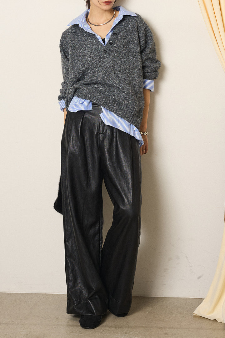 [SET]ストライプシャツドッキングニットポロトップス+ベルト付きレザーライクタックパンツ(2set)